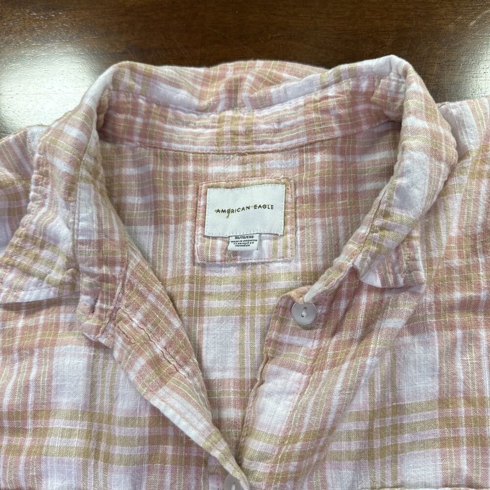 American Eagle Womens XL Pink Plaid Go Big Beach Flannel Shirt Oversized Top